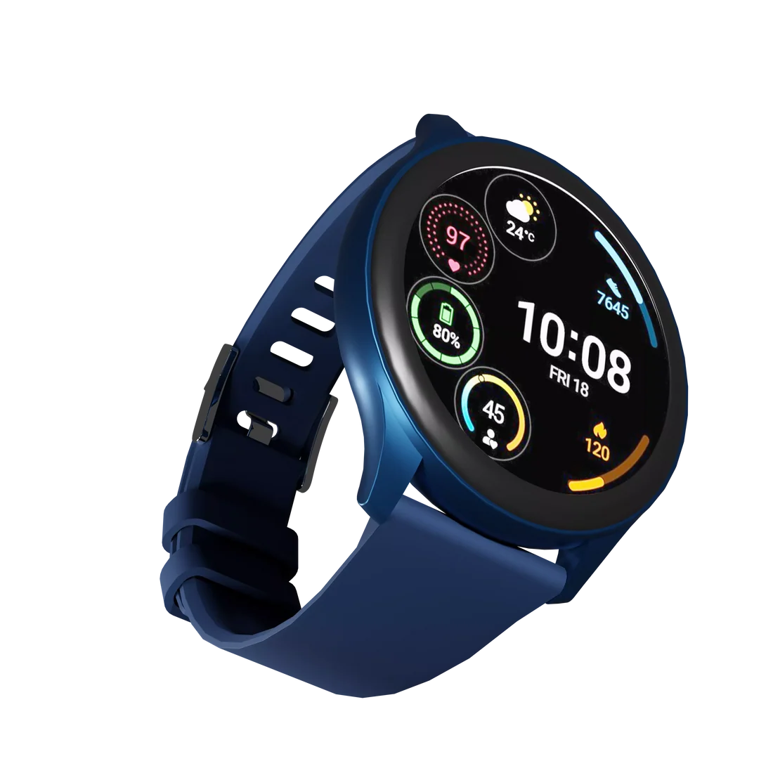 Side perspective of Boost Astro Cool Blue smartwatch highlighting IP67 water resistant casing