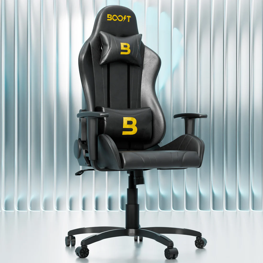 Assembly guide illustration showing easy 3-step setup for Boost Impulse Black ergonomic chair