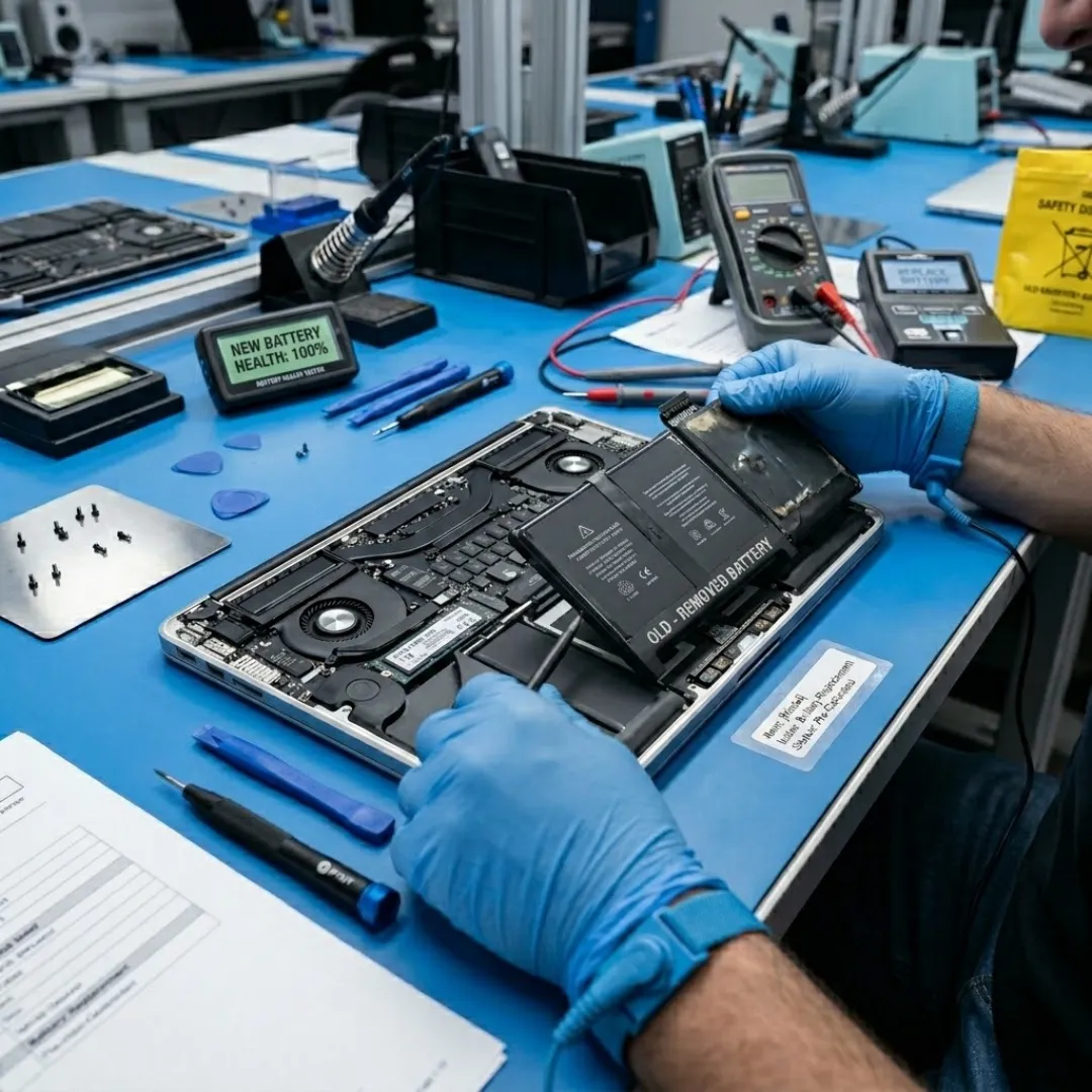 Comparison of swollen laptop battery vs new replacement.