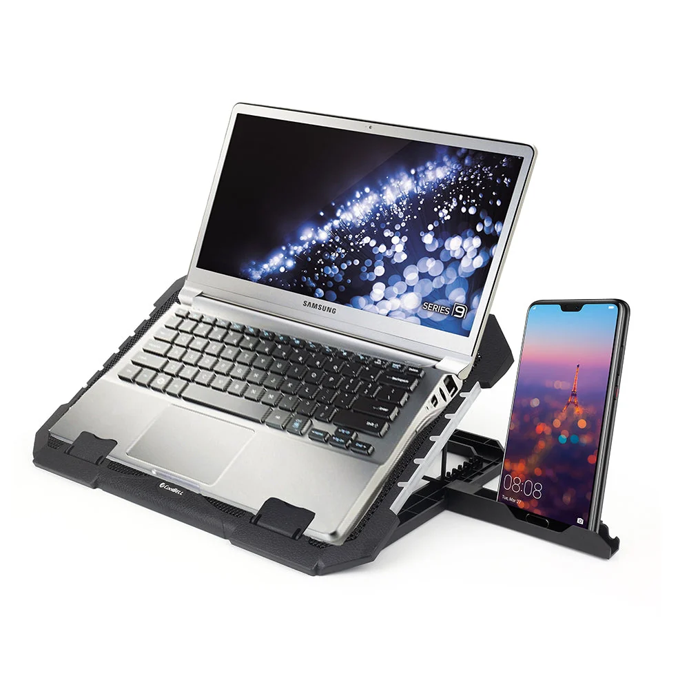 Integrated phone holder setup on CoolBell CB-900 RGB cooling pad