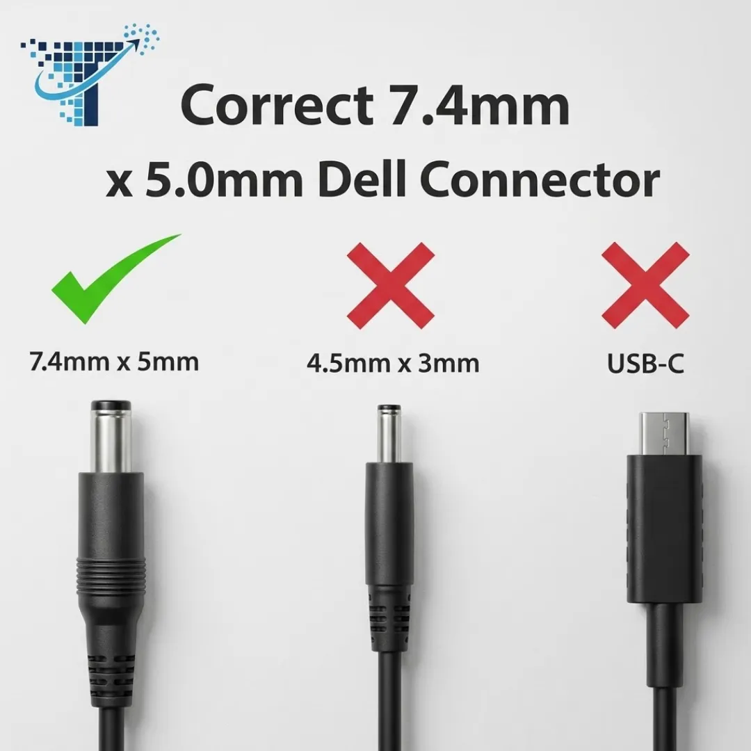 Front and back view of the compact black 65 Watt laptop AC power adapter.