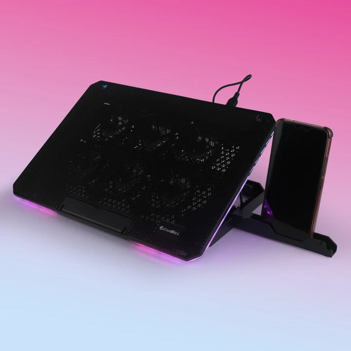 CoolBell CB-8X cooling pad supporting a 15.6-inch laptop on an office desk