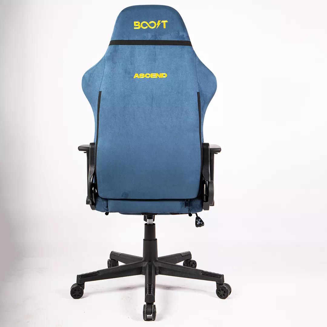 Close-up detail of 3D adjustable armrests and fabric stitching on Boost Ascend Blue chair