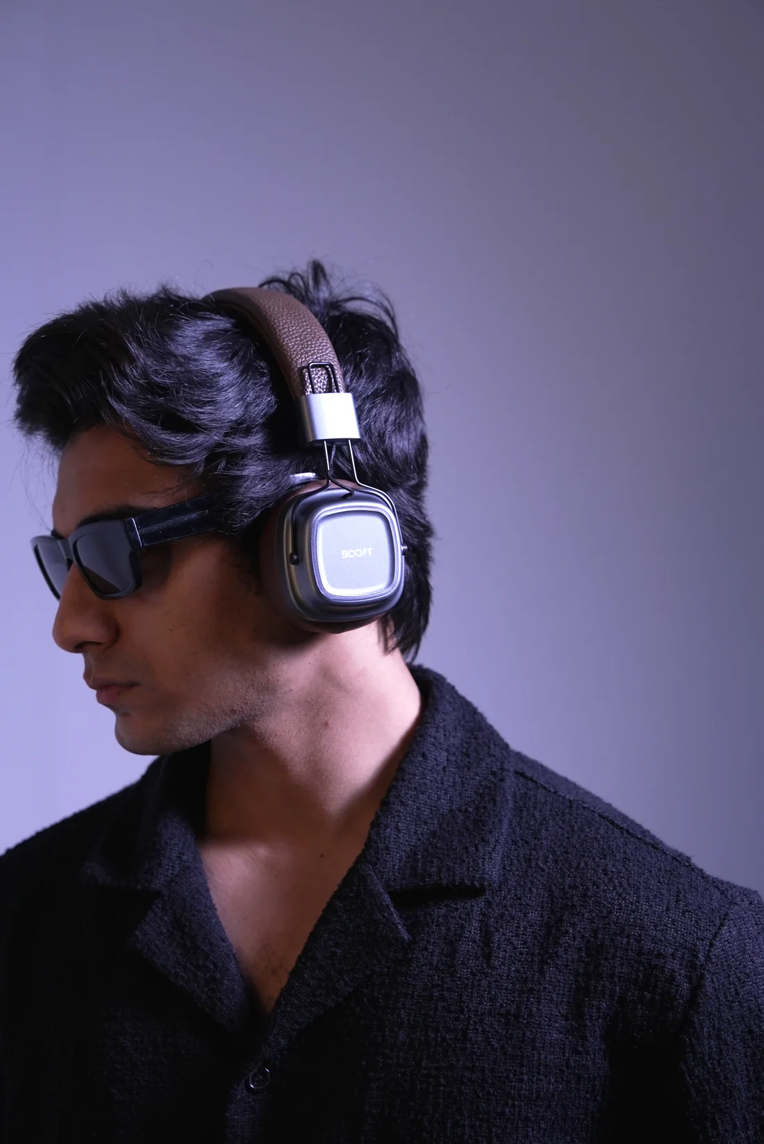 Side view of earcup controls on Boost Harmony retro wireless bluetooth headset in Brown