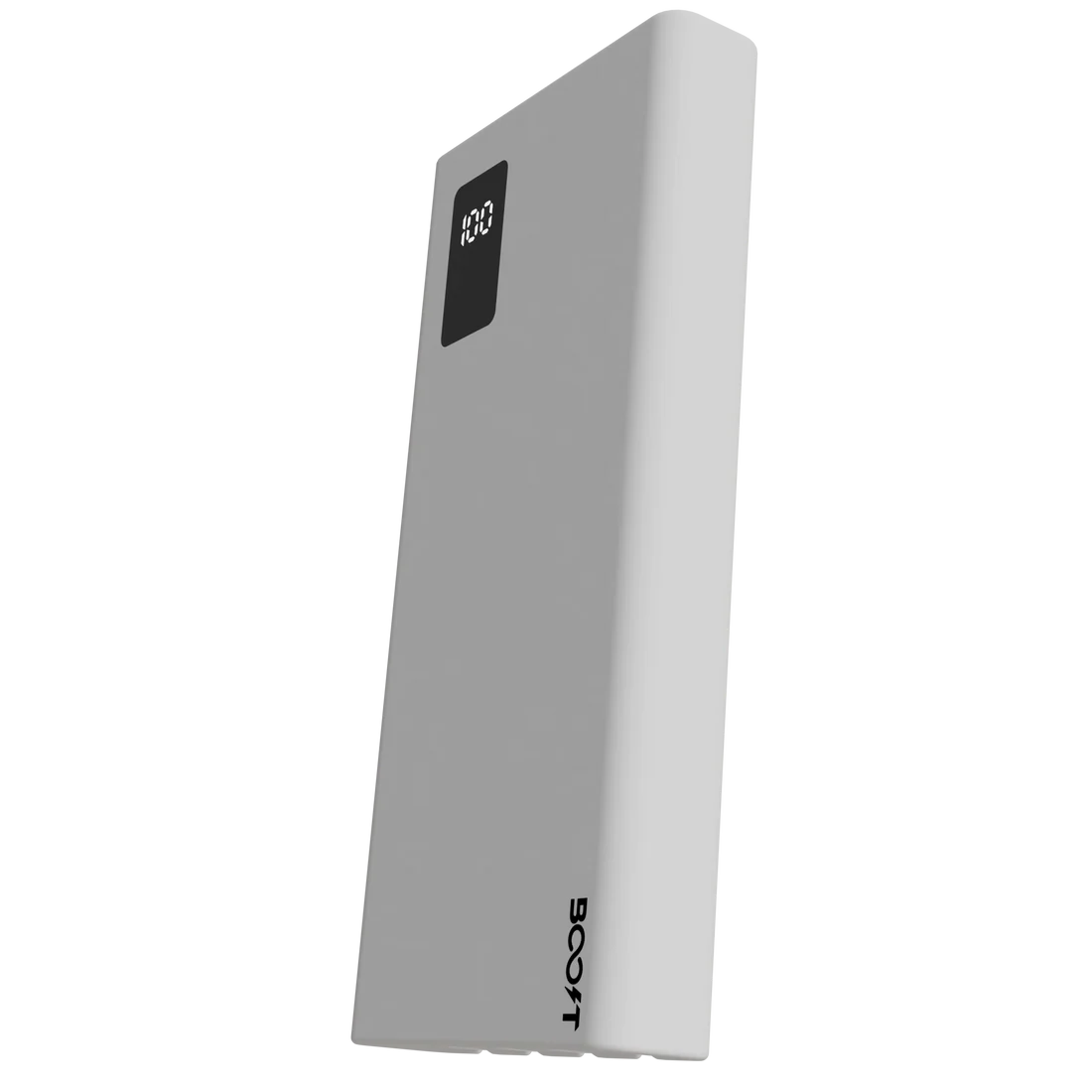 Boost Voltron Pearl White power bank charging an iPhone and wireless earphones simultaneously