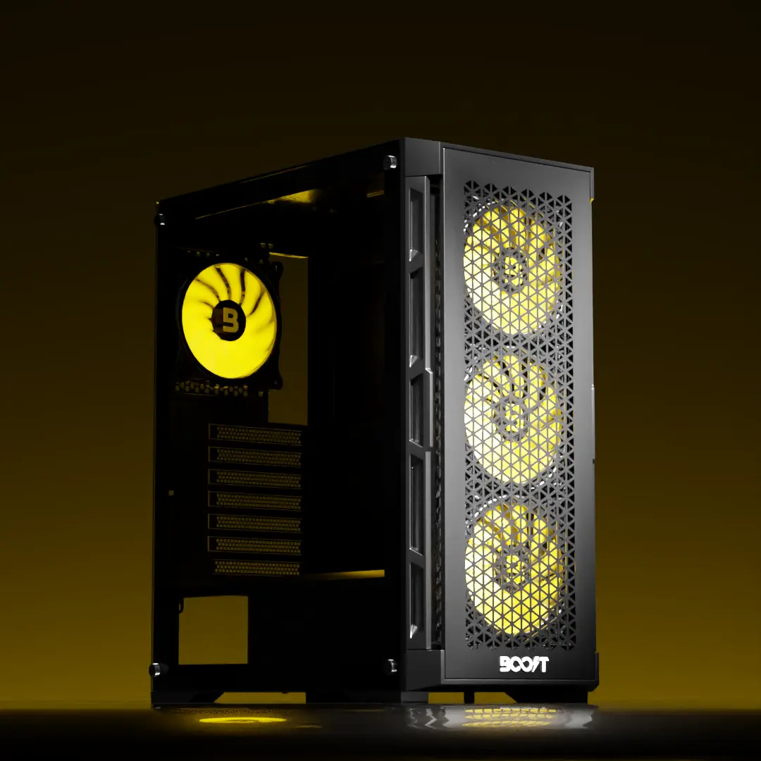 Boost Enclosure P300 Matte Black Computer Case featured with 4 pre-installed ARGB halo fans
