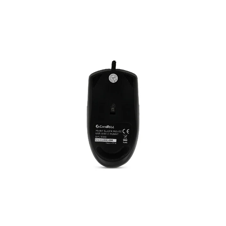 Bottom base view of CoolBell Slider mouse detailing optical sensor and glide feet