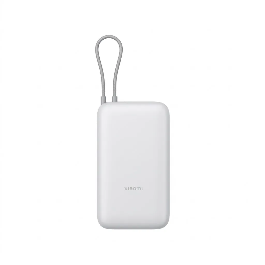 Side angle of Xiaomi Power Bank 20000 showing port layout and built-in cable loop