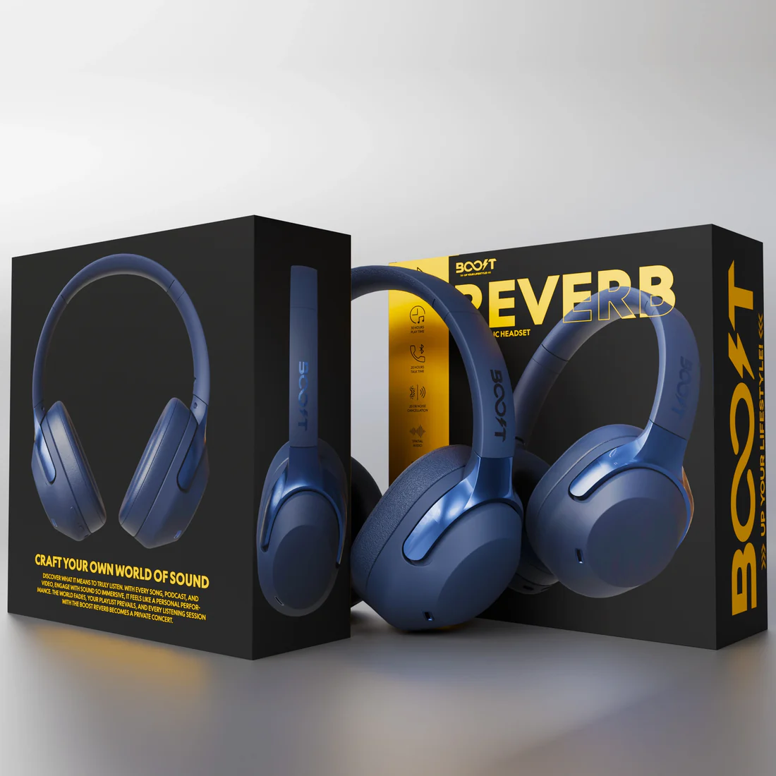 Over-ear view of memory foam ear cushions on the Boost Reverb Wireless ANC Headset for long-term comfort