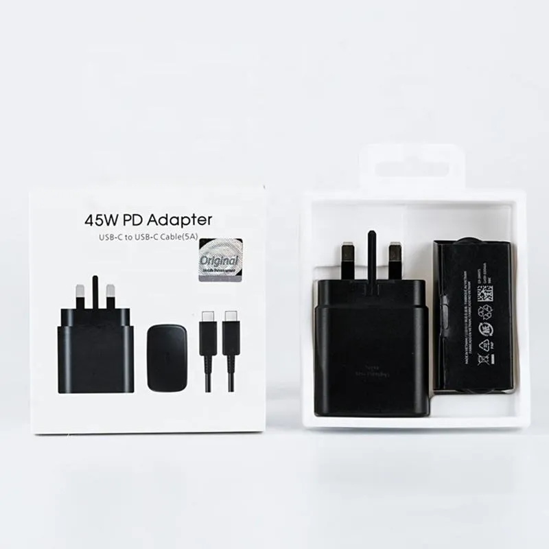 45W PD Adapter connected to 5A USB Type-C cable on wooden desk