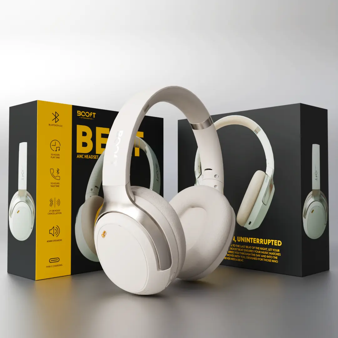 Compact Boost Beat active noise cancelling wireless headset folded for travel
