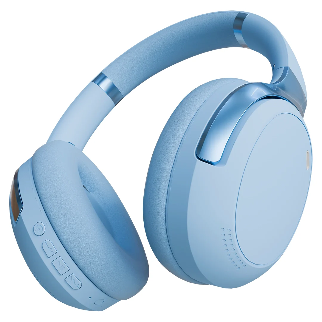 Boost Beat Sky Blue ANC bluetooth headphones resting on a clean office desk