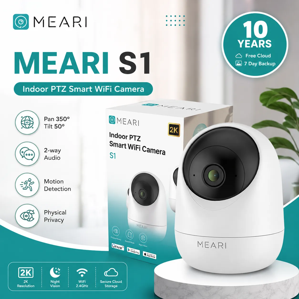 Meari S1 Plus Indoor PTZ Camera showing 360 degree rotation capability