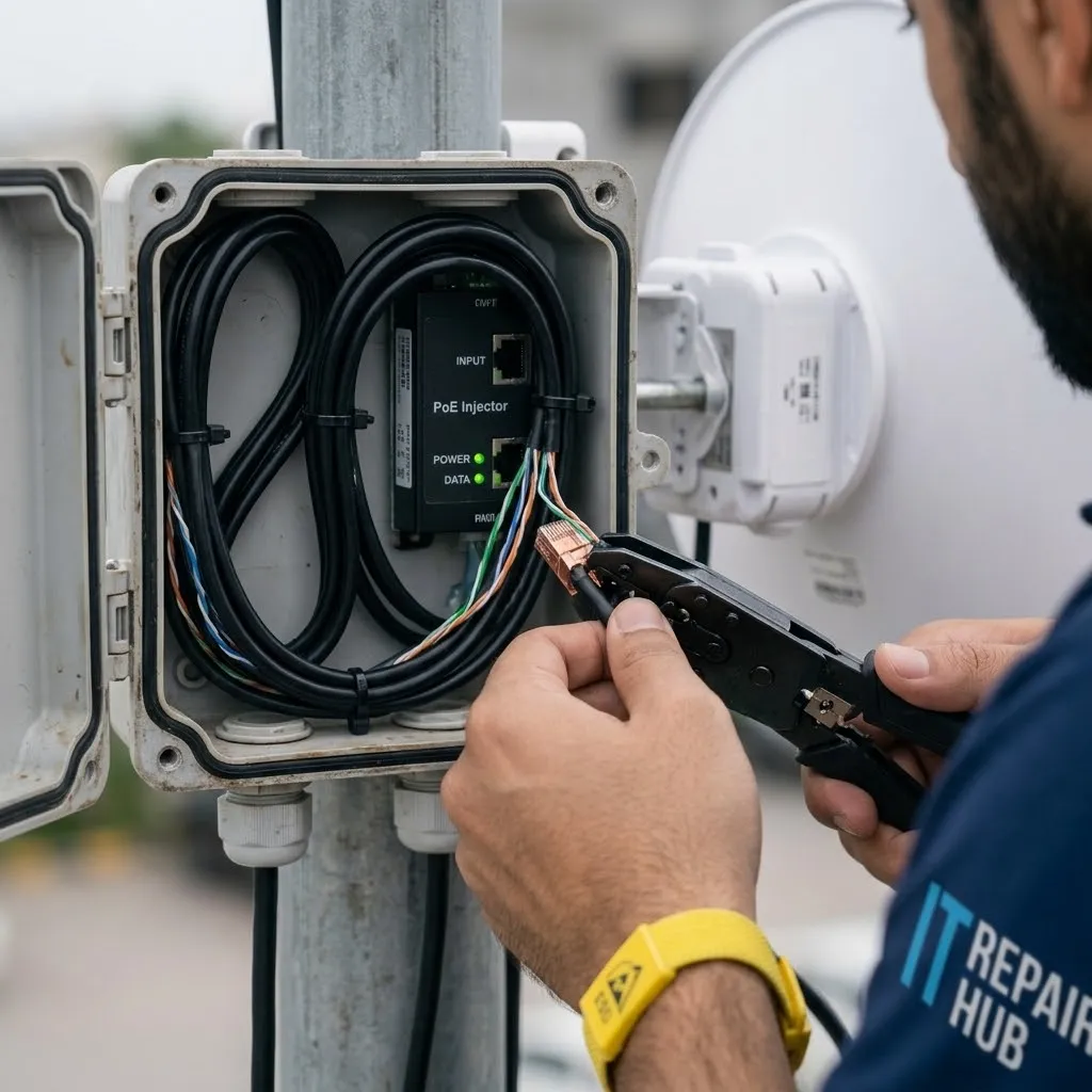 Field engineer configuring outdoor 5GHz long-range directional Wi-Fi bridge radio antenna