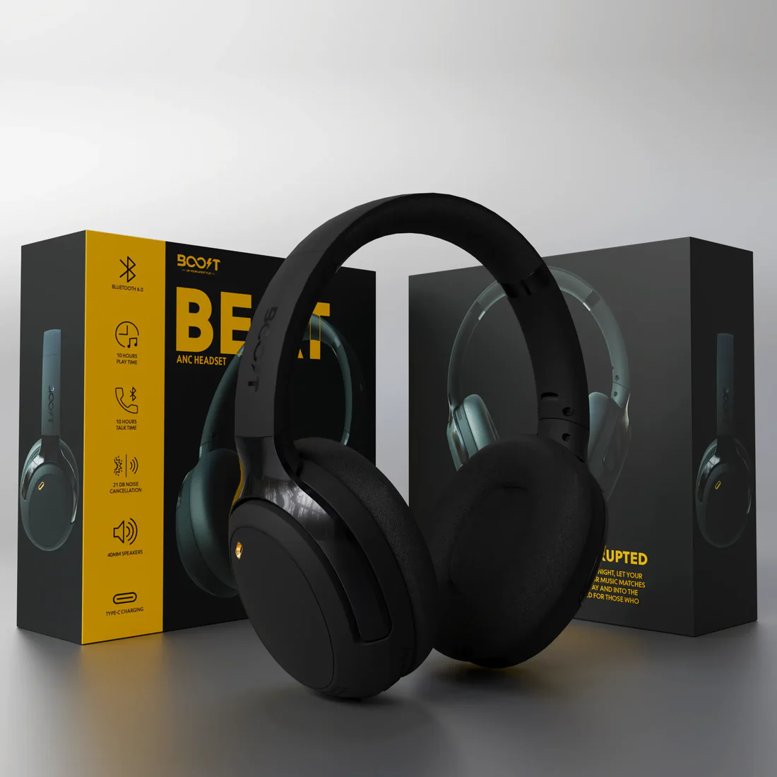 Front angle of Boost Beat over-ear headphone bluetooth in classic Black finish