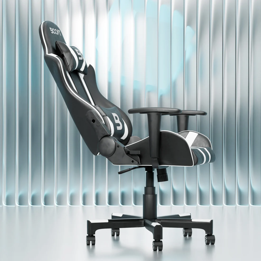 Side dimension diagram of Boost Impulse White Gaming Chair Karachi model showing 90 to 160 degree recline