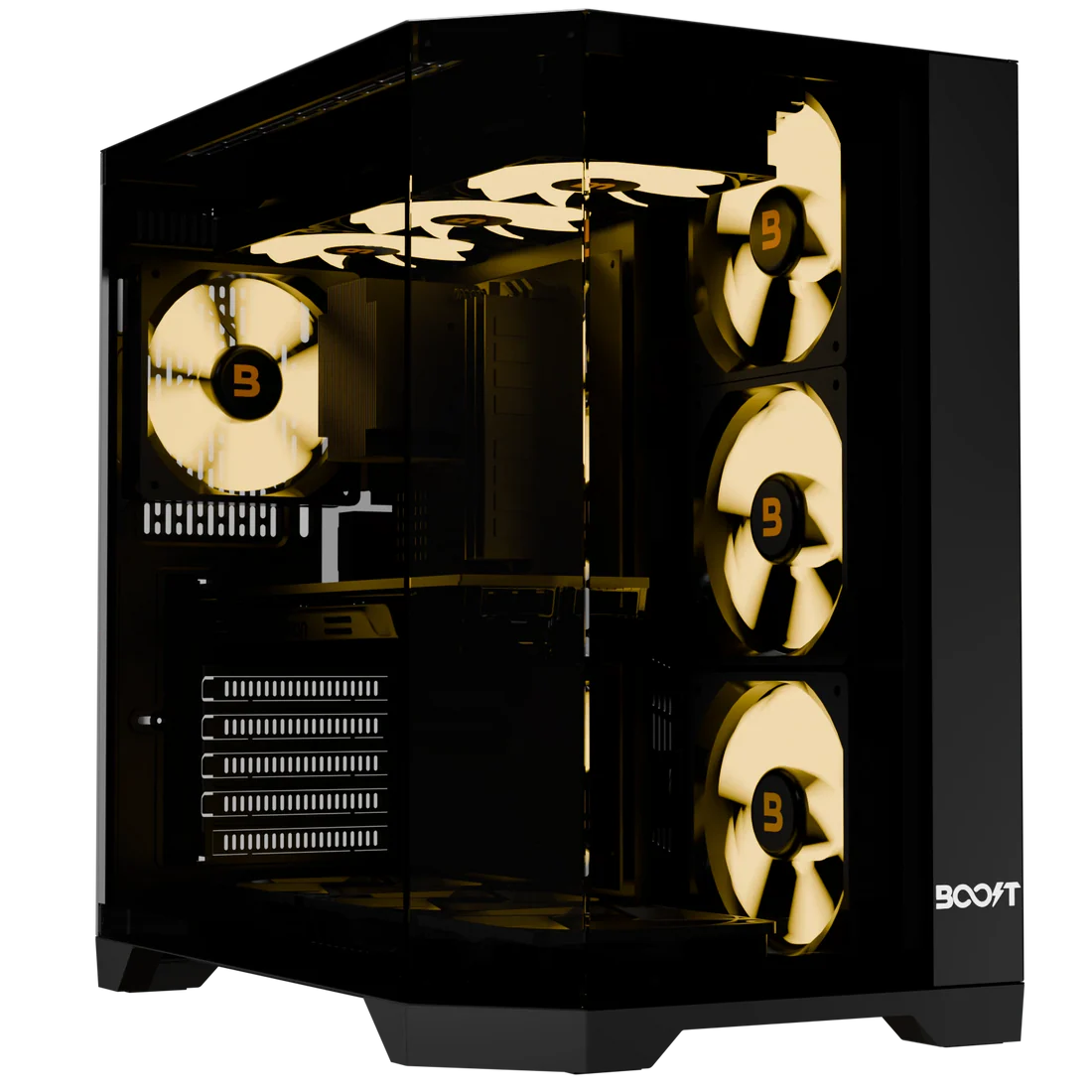 Side tempered glass view of Boost Enclosure X100 RGB Computer Case displaying dual chamber interior and component layout