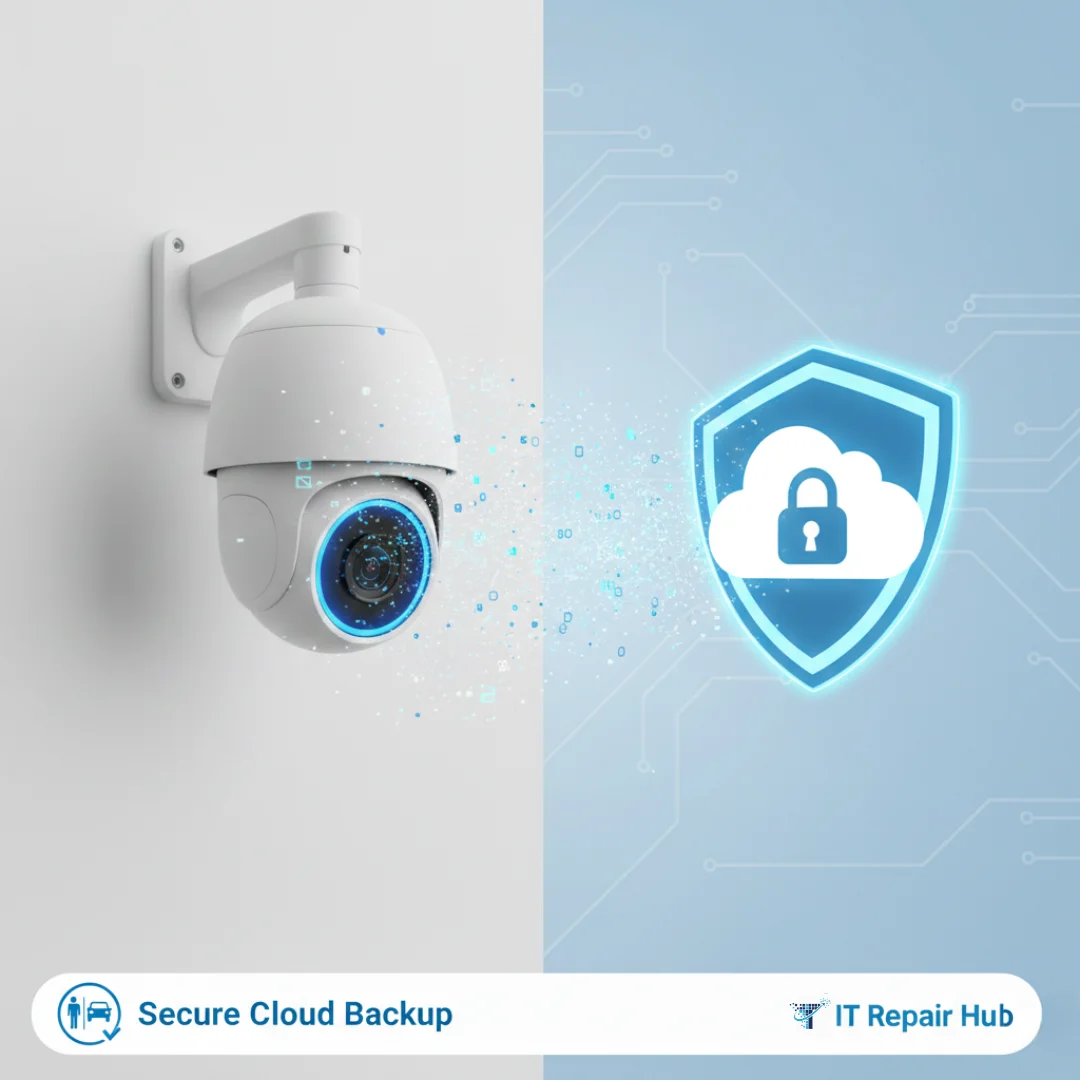 Graphic representing secure data transfer from a CCTV camera to an encrypted cloud server.