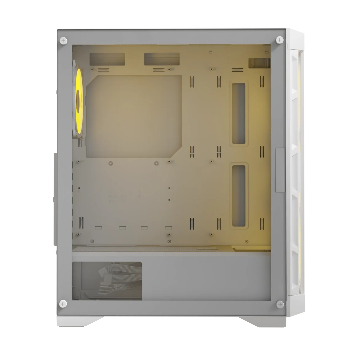 Front view of Boost Enclosure P300 White chassis showing 3 pre-installed ARGB infinite intake fans