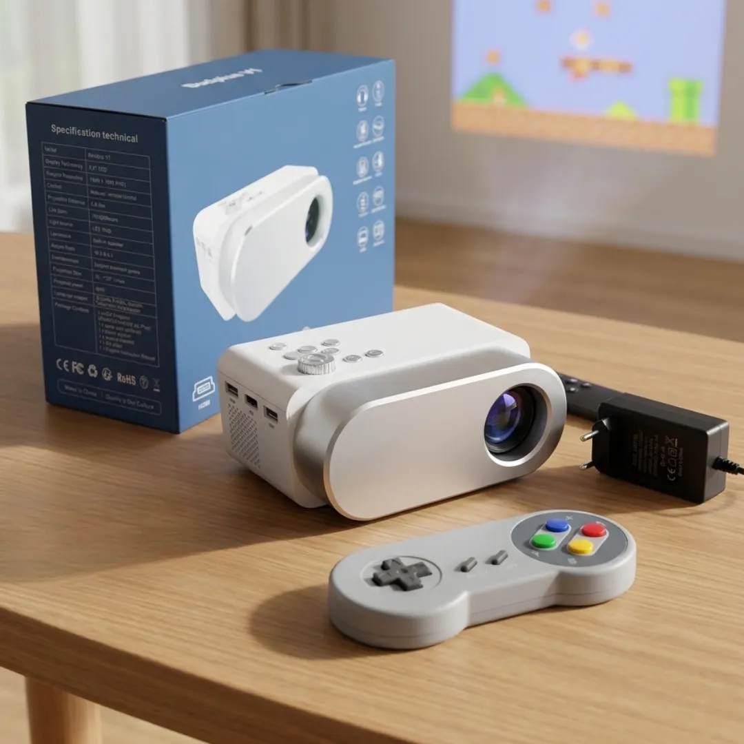 Side and back profile of the portable LED video projector.