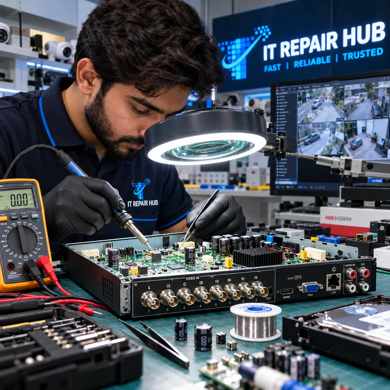 Micro-soldering technician repairing a CCTV power supply circuit board at IT Repair Hub lab.