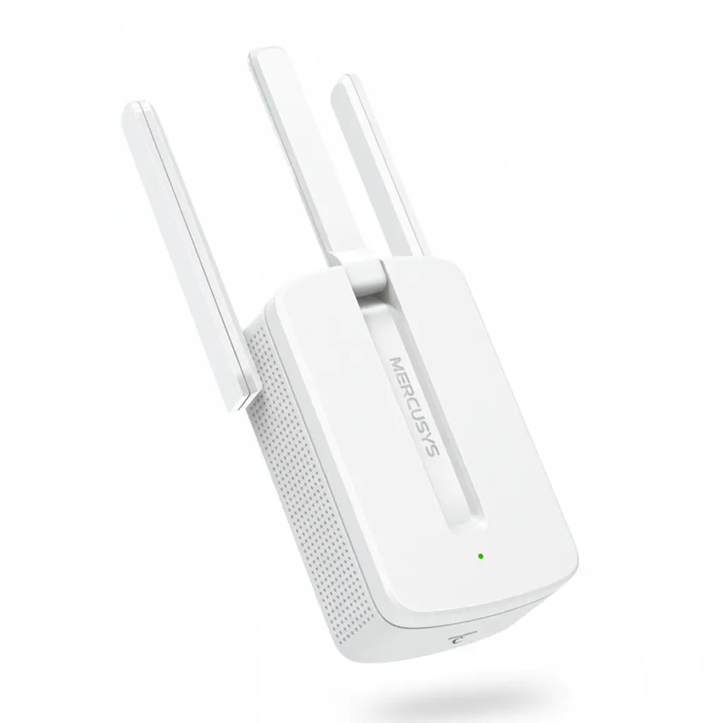 Mercusys MW300RE compact wall-mounted WiFi repeater plugged into a power socket