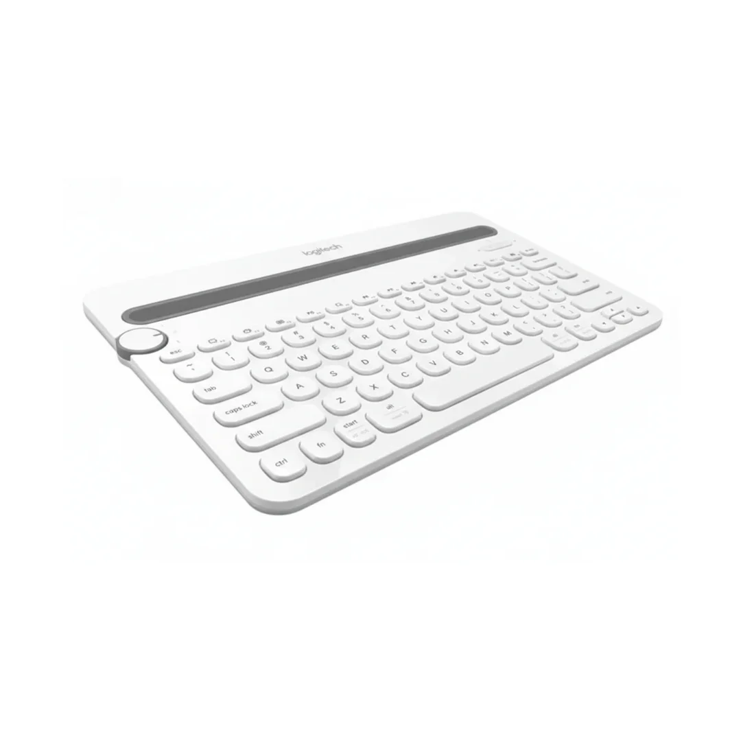 Logitech K480 integrated cradle holding a smartphone and tablet at a comfortable typing angle.