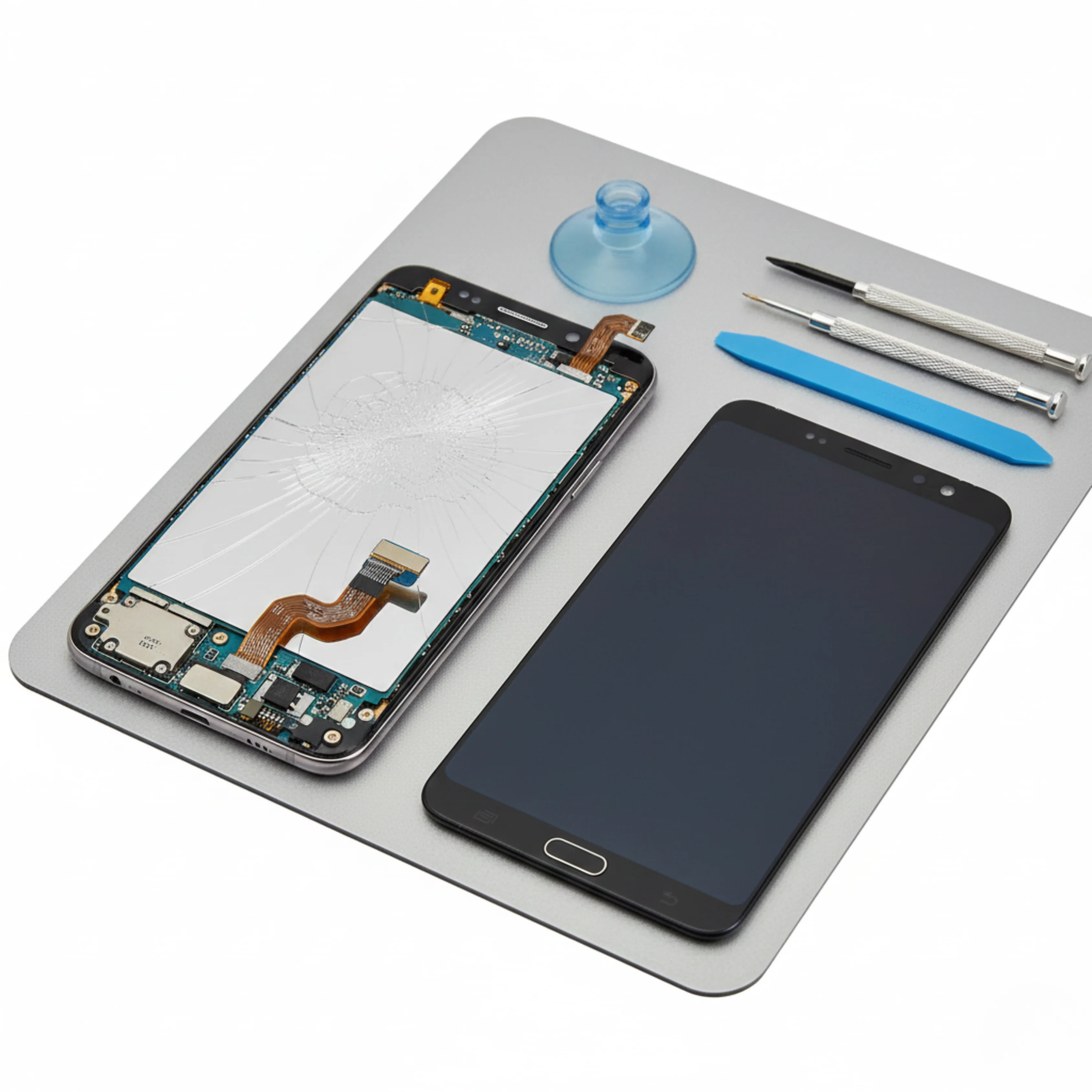 Precision tools being used for Android phone screen disassembly in a clean lab.