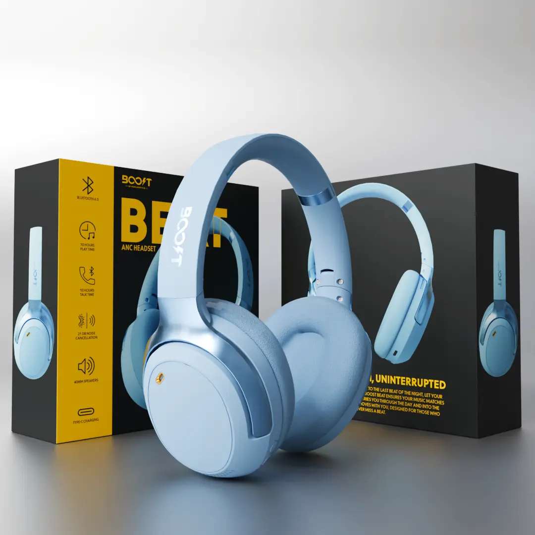 Compact Boost Beat active noise cancelling bluetooth headphones ready for travel