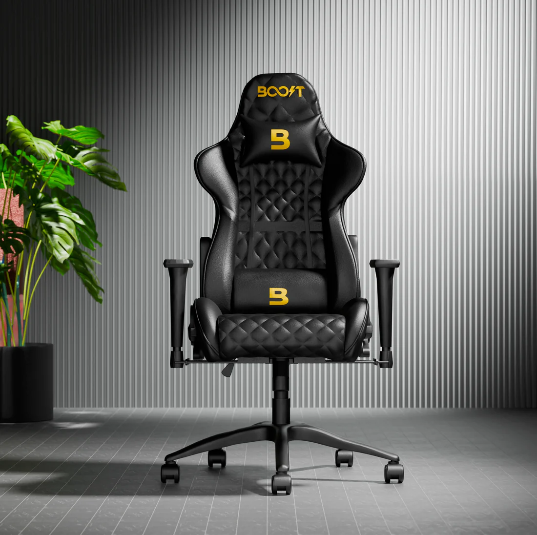 Side dimension diagram of Boost Synergy Black Gaming Chair in Pakistan showing 90 to 180 degree recline