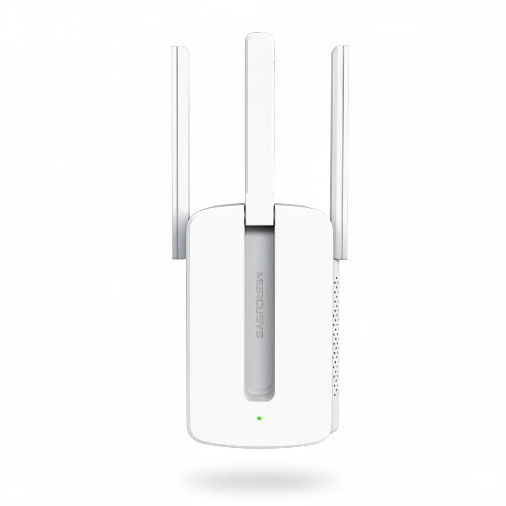 Close-up of Mercusys MW300RE featuring three high-gain antennas for stable WiFi coverage