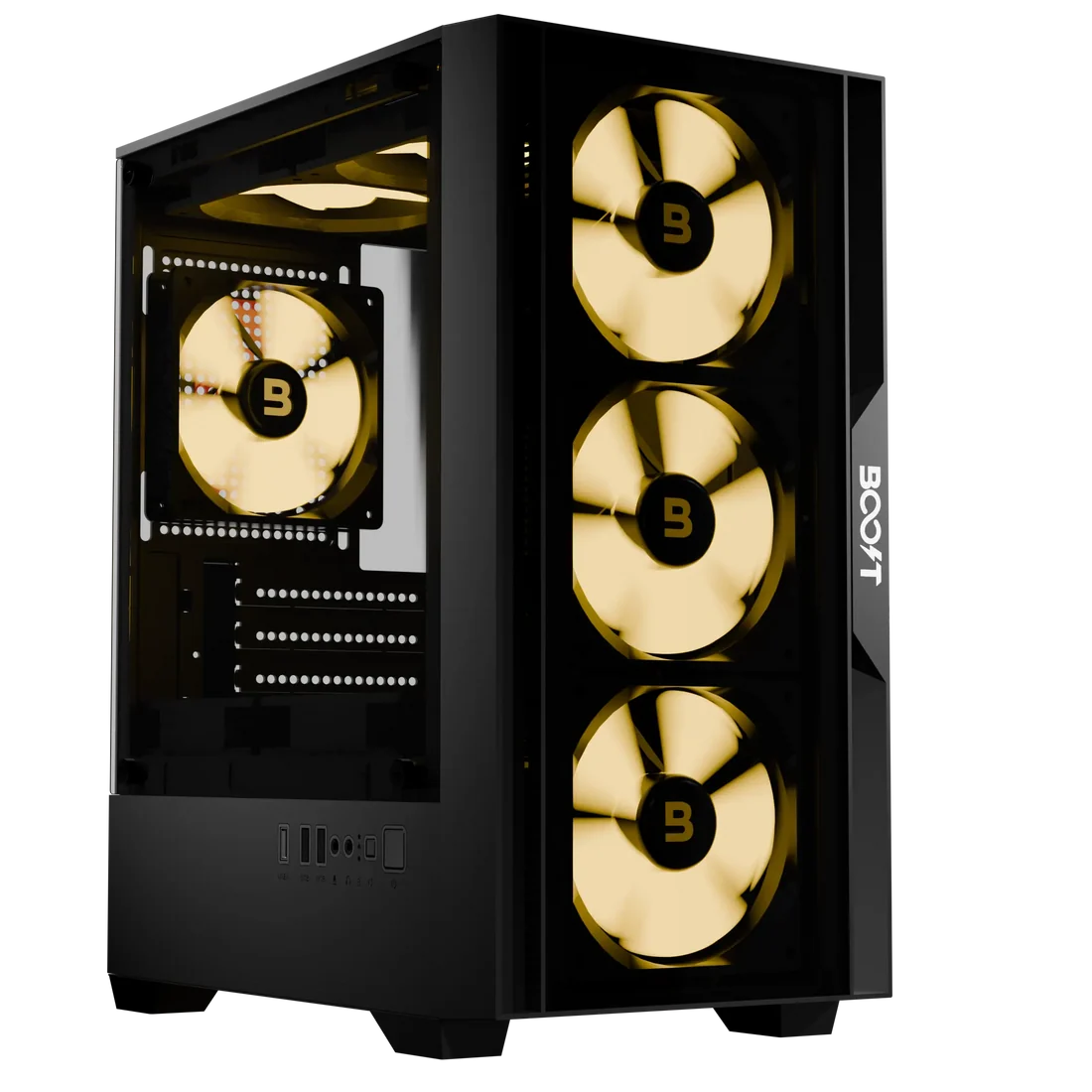 Side panel view of Boost Enclosure E200 from the collection of Boost PC Cases displaying tempered glass