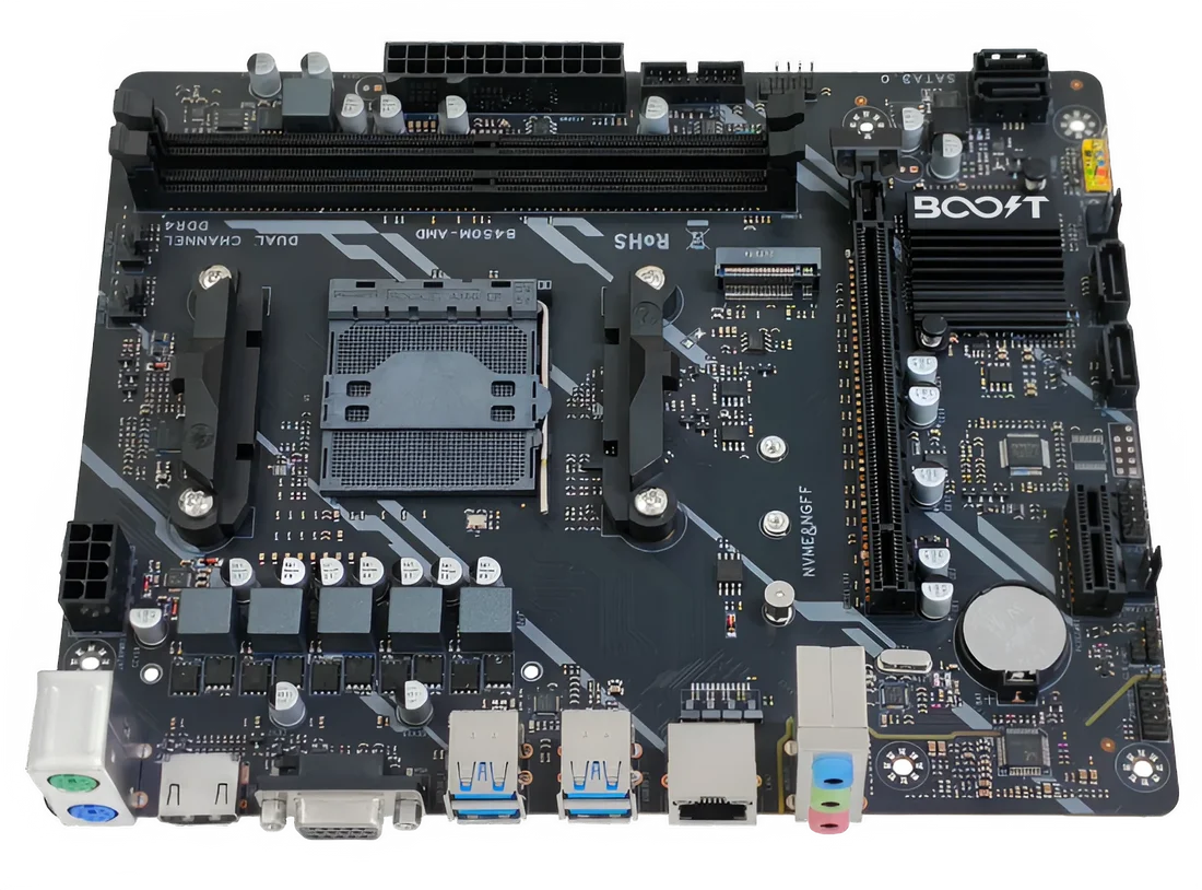 Rear I/O port panel array on Boost Core B450M showing HDMI 2.0, USB 3.2 Gen1, and audio jacks