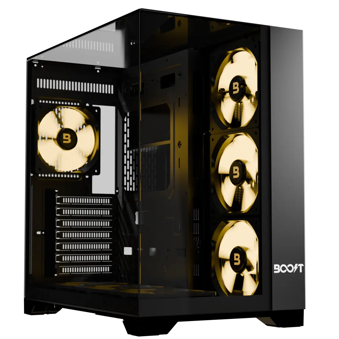 Side tempered glass view of Boost Enclosure X200 from our selection of Top Pc Cases displaying internal hardware layout