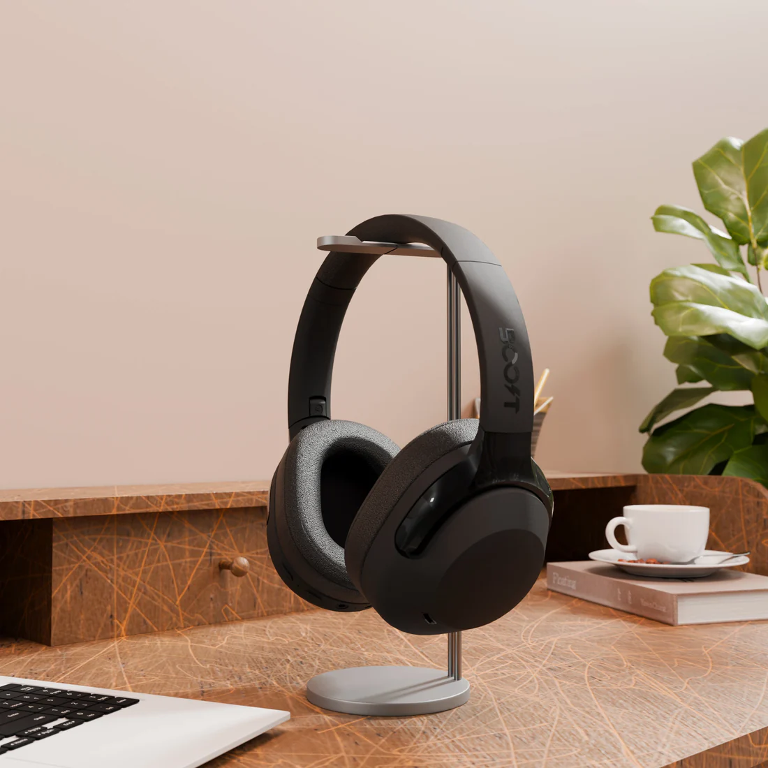 Boost Reverb black over-ear spatial audio headset angled view