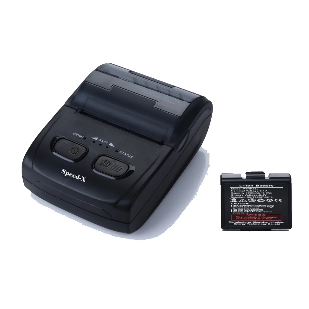Speed-X BT500M mini printer charging cable and battery setup view