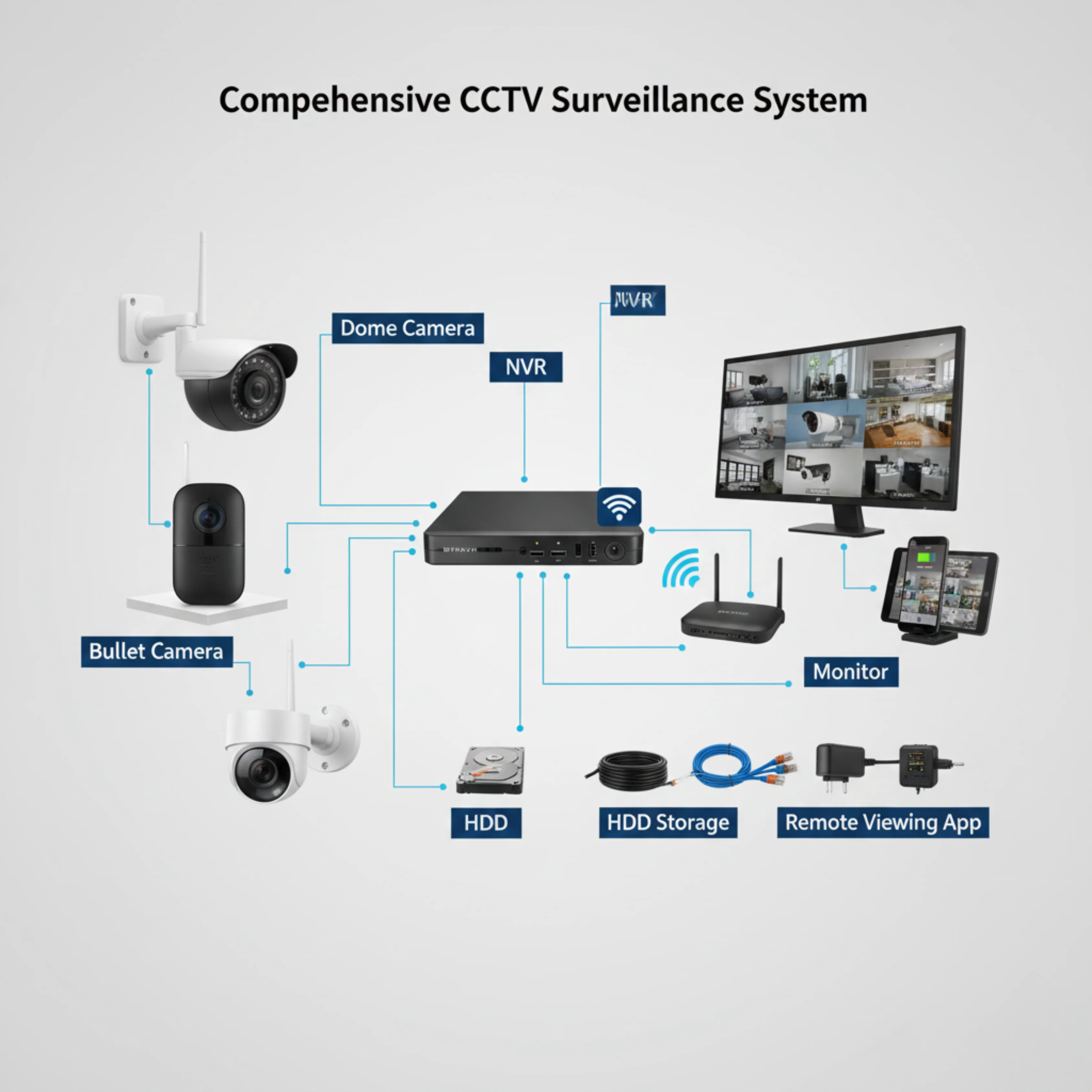 Mobile phone screen showing 4-camera live view remote monitoring app setup.