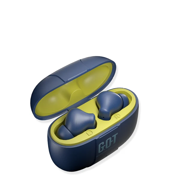 Close-up view of GPOD VIBE Blue earbud with Bluetooth 5.3 badge
