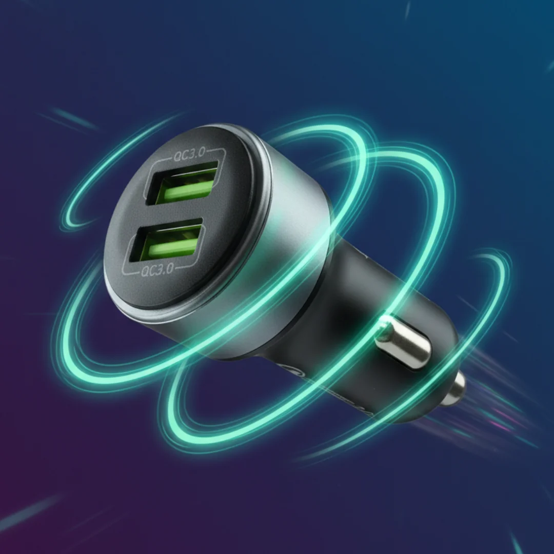 Technical specifications panel of Home Planet car charger box showing input DC 12-24V and 36W power details.