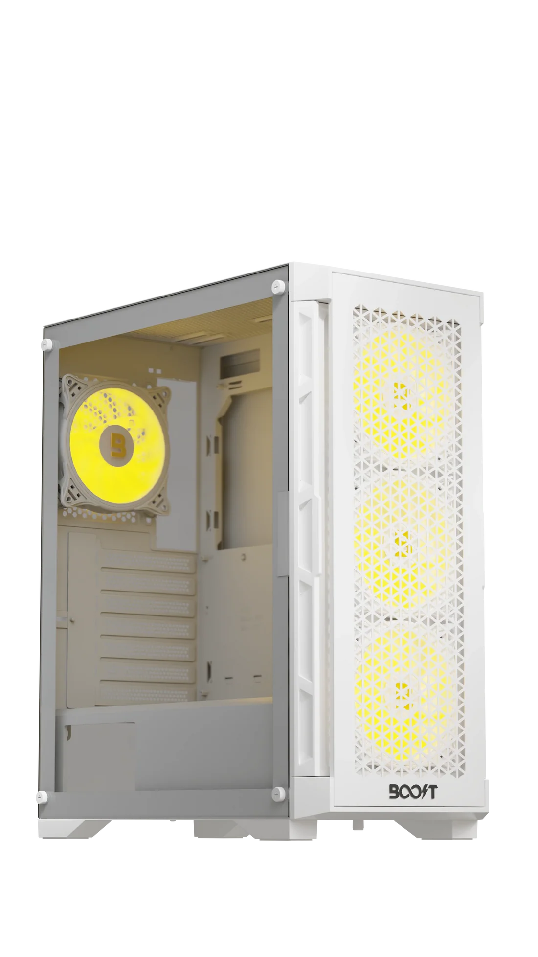 Side tempered glass panel view of Boost Enclosure P300 White from our Best Computer Cases lineup displaying internal hardware layout