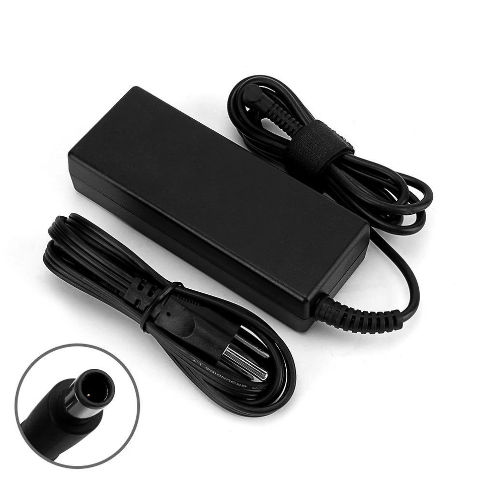 Top and side angles of the authentic matte black 90 Watt high-capacity laptop AC adapter brick.