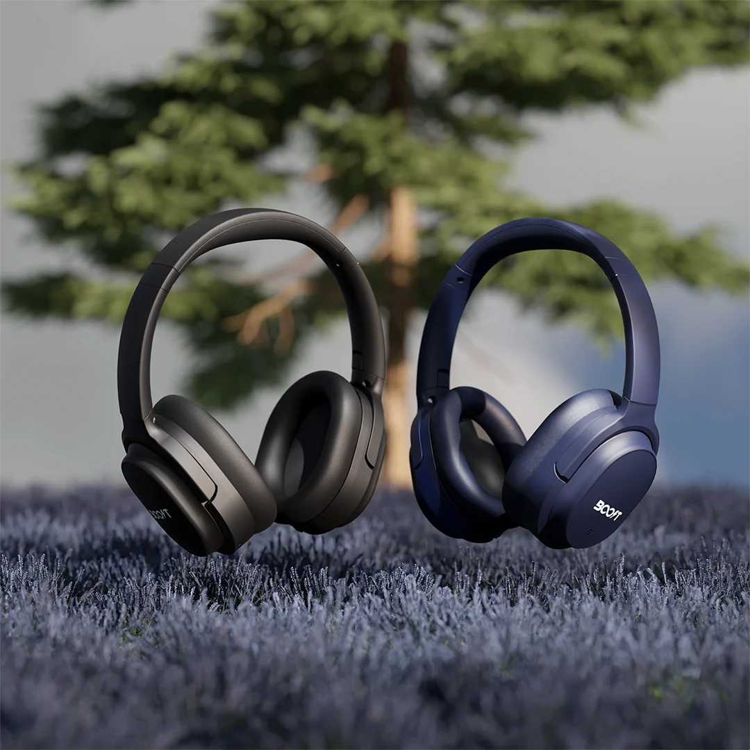 Side angle of earcup controls on Boost Wave Midnight Blue Stereo Headphones