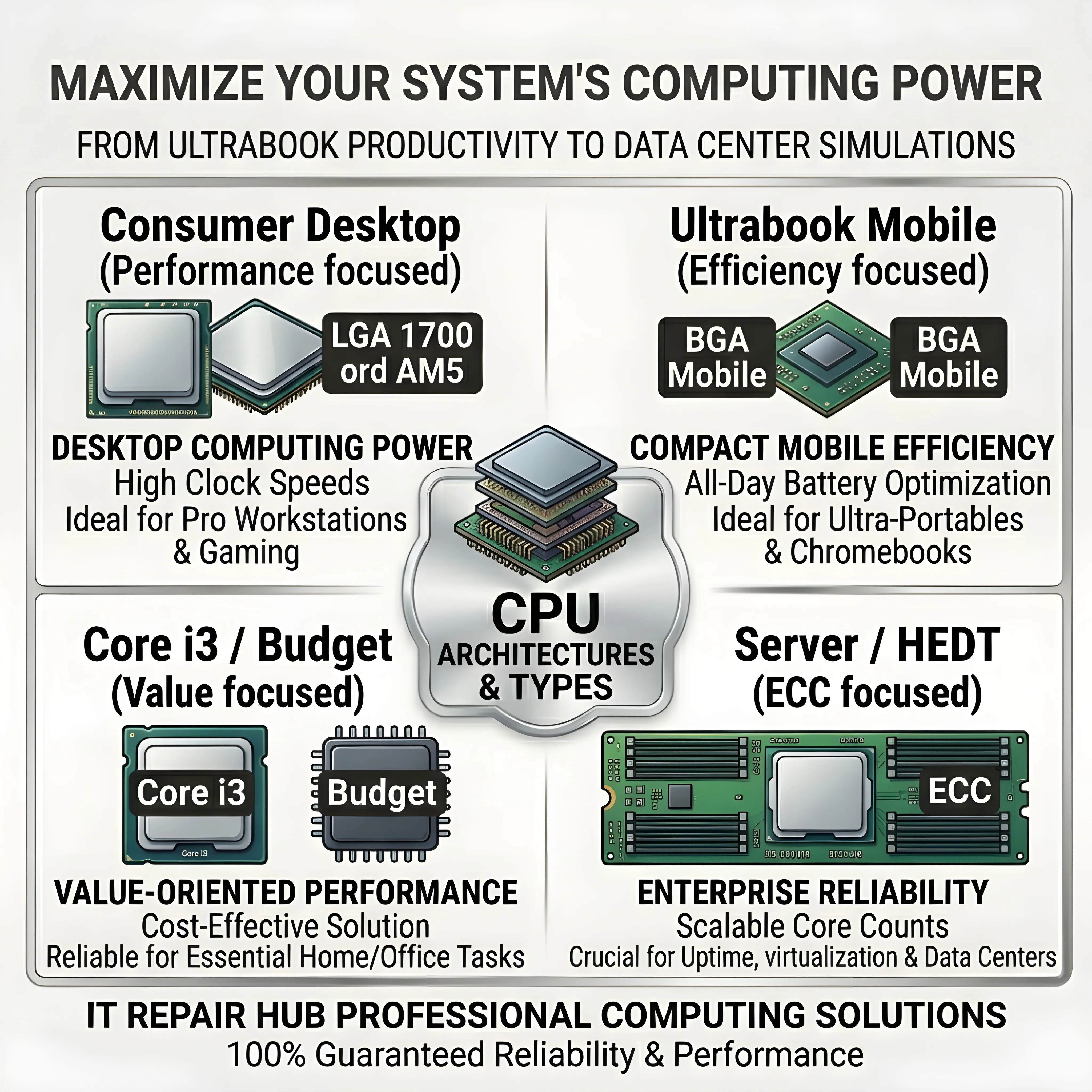 IT Repair Hub processor guide comparing CPU architectures from desktop performance to mobile efficiency.