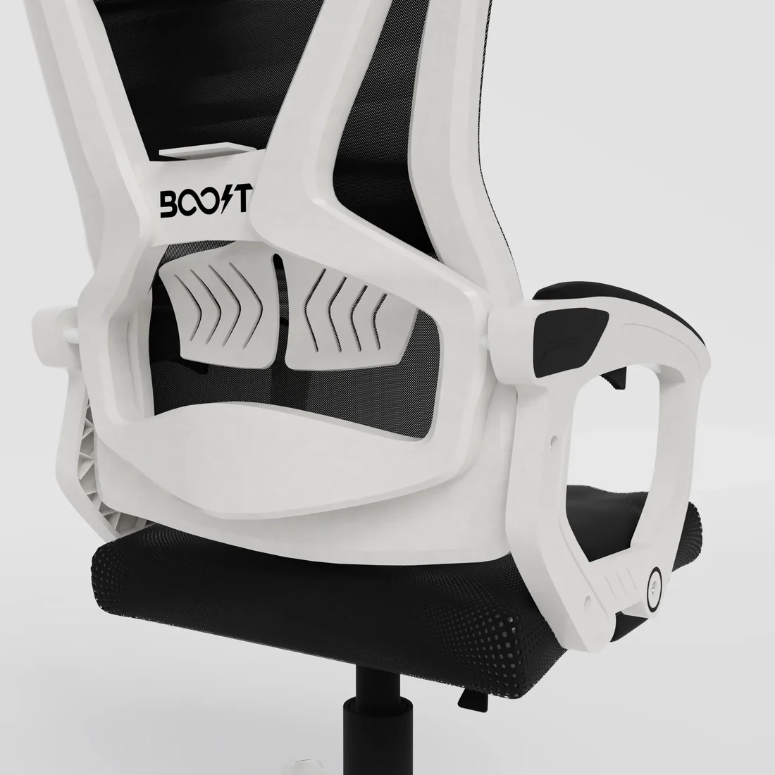 Front view of Boost Comfort ergonomic chair showing breathable mesh backrest and nylon base