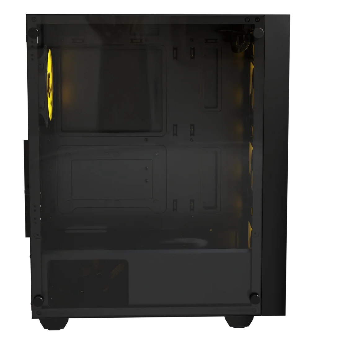 Front view of Boost Enclosure P200 chassis showing 3 pre-installed ARGB infinite intake fans
