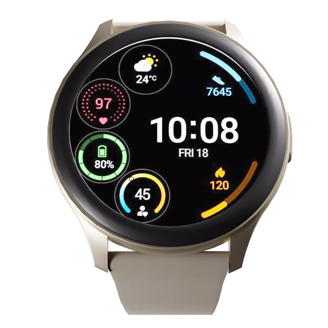 Active screen displaying health metrics on Boost Astro Classy Golden smart watches