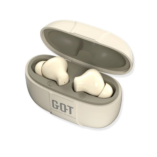 Close-up side view of GPOD VIBE Beige earbud featuring quad-mic ENC technology