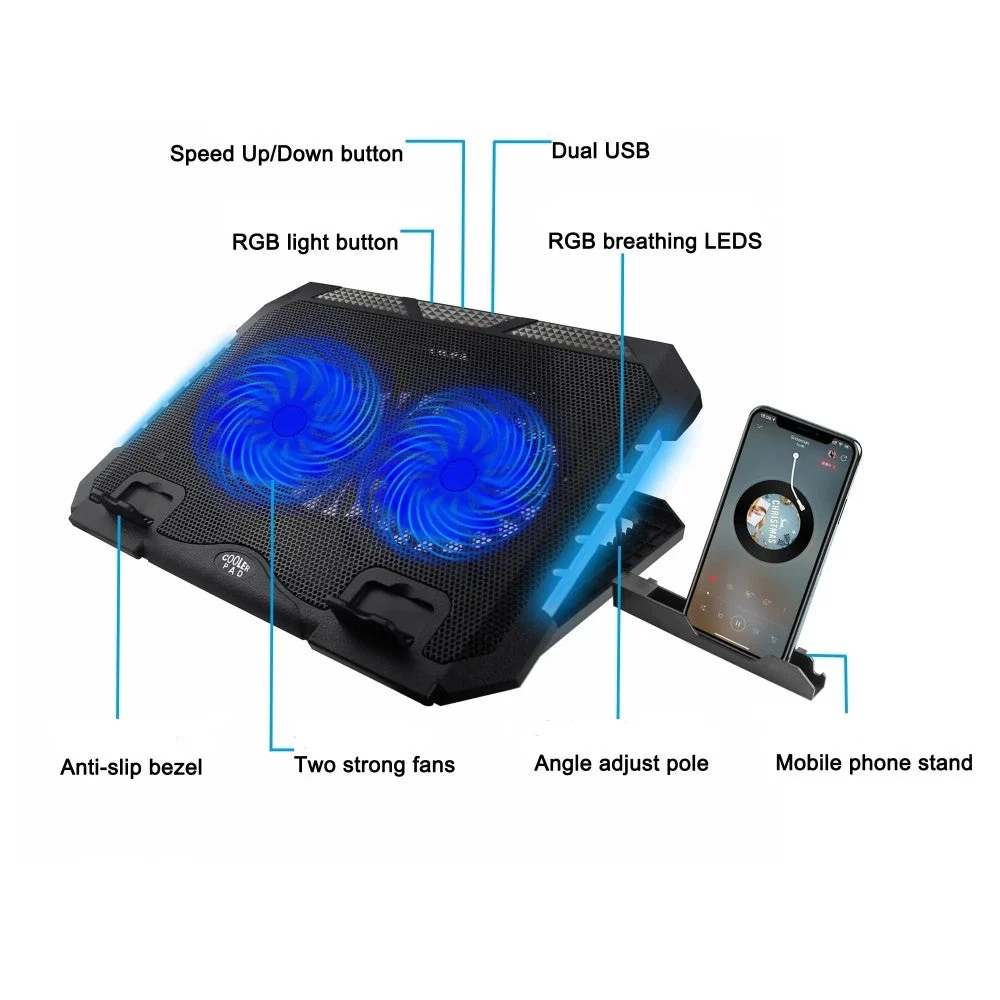 Side angle of Cooling Pad 14-17 Inch showing 7-level ergonomic height adjustment
