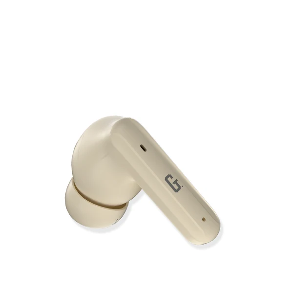 GPOD VIBE Beige earbuds showing 10mm dynamic driver mega bass performance