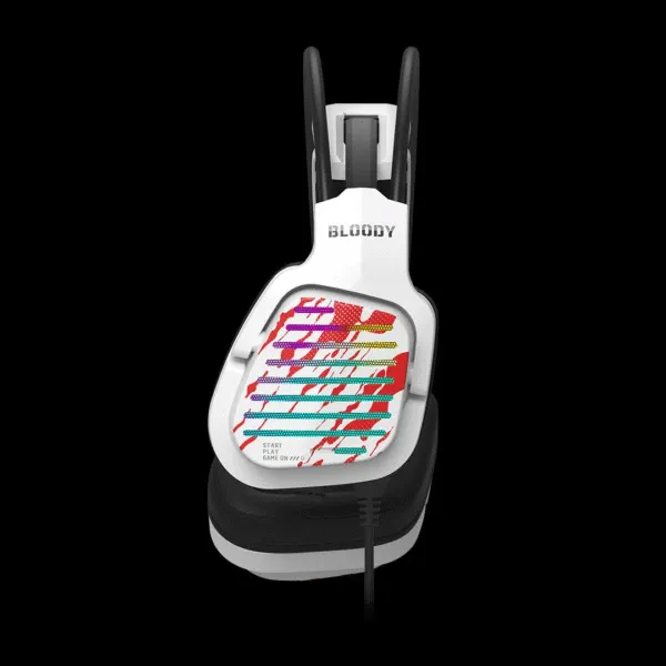 Front view of the comfortable black gaming headphones displaying red accents